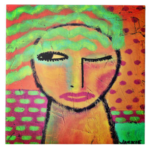 Carreau Vave cheveux verts Abstrait portrait d'une femme