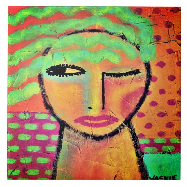 Carreau Vave cheveux verts Abstrait portrait d'une femme (Devant)