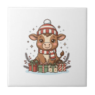 Carreau Veau de Noël mignon avec cadeaux Vintage Vector_1