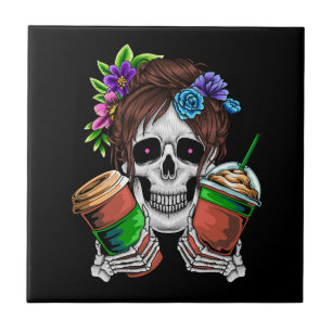 Carreau Vecteur crâne femelle avec café glace et fleur