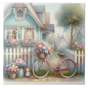 Carreau Vélo à fleurs roses à la porte du cottage bleu