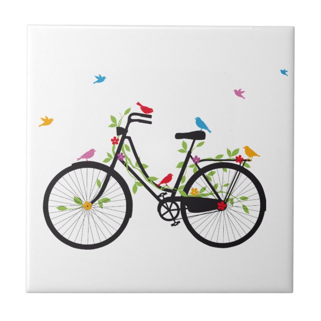 Carreau Vélo vintage avec fleurs et oiseaux (Devant)