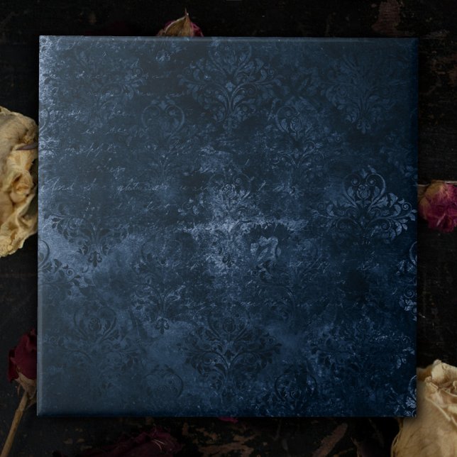 Carreau Velvety Navy Damask | Bleu foncé Grunge Baroque (Créateur téléchargé)