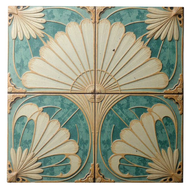 Carreau Ventilateurs Turquoises et crème dorés (Devant)