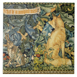 CARREAU VERDURE, ANIMAUX FORESTIERS, FOX ET LIVRE, FLORAL 