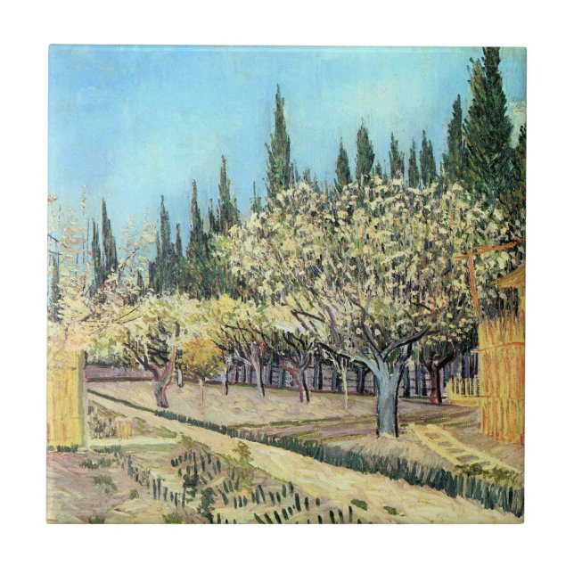 Carreau Verger en fleurs de Van Gogh bordé de cyprès (Devant)