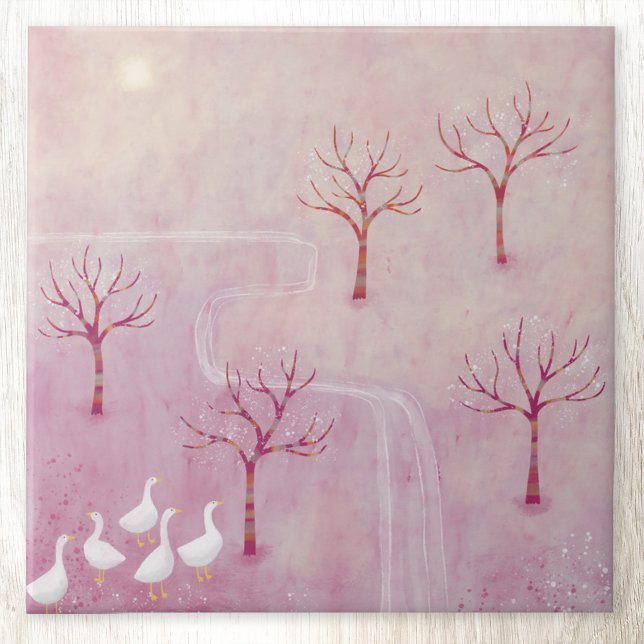 Carreau Verger rose avec peinture paysage d'oies (Landscape orchard geese art ceramic tile
)