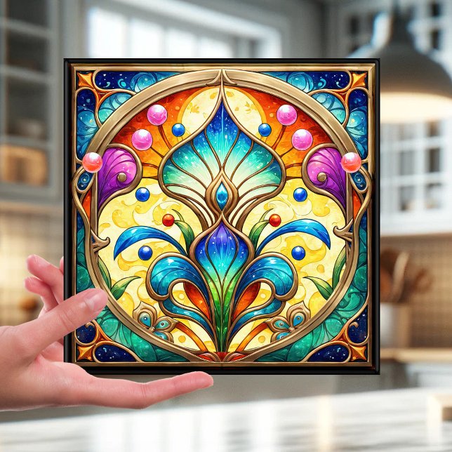 Carreau Verre coloré Floral Design Carrelage en céramique (Tile featuring a stained glass or leaded glass style design with a colorful art deco flower)
