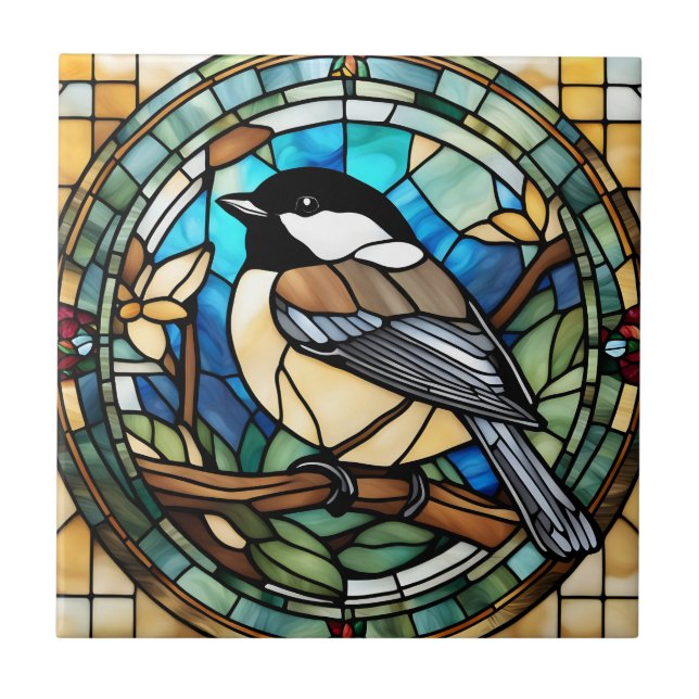 Carreau Verre De Chickadee Faux Tiré Grande Tite Oiseau (Devant)