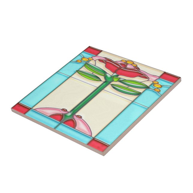 Carreau Verre souillé d'arbre rose d'art déco (Côté)