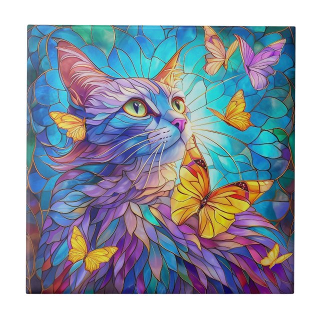 Carreau Verre tendu Chat 730 papillons bleus jaunes (Devant)