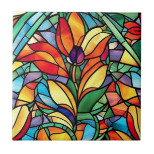 Carreau Verre vintage Vitrail Orange Violet Fleur