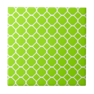 Carreau Vert Citron Clair et Motif Quatrefeuilles Blanc