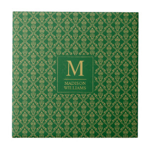 Carreau Vert émeraude et or motif damassé sans couture