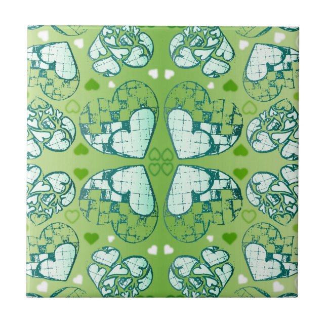 Carreau Vert et blanc Whimsical Romantique Coeurs motif (Devant)