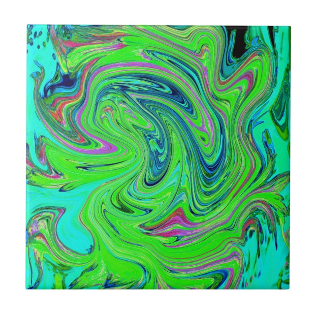 Carreau Vert Lime et Groovy Art Abstrait Rétro Bleu (Devant)