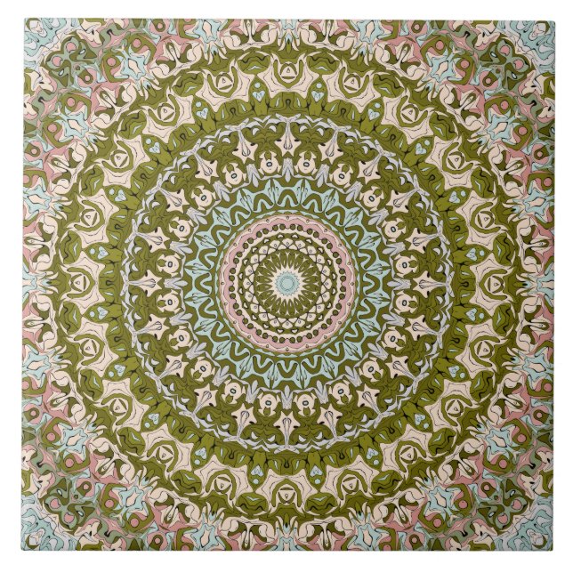 Carreau Vert olive et motif mandala pastel (Devant)