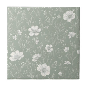 Carreau Vert sauge atténué et motif de fleurs sauvages bla