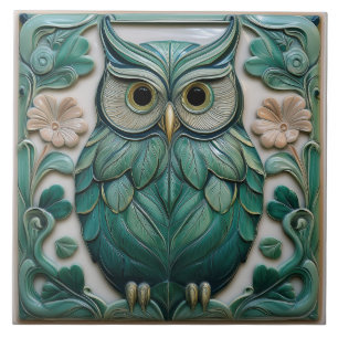 Carreau Vert sauge faux relief Art Nouveau Hibou