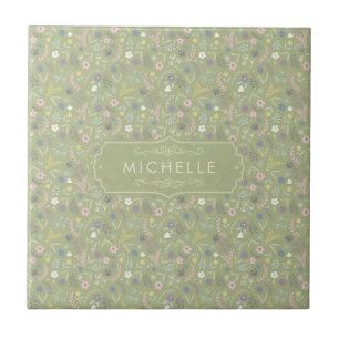 Carreau Vert sauge Fleurs roses et blanches Motif floral b