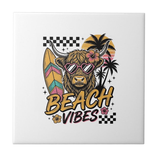 Carreau Vibes de plage vache highland été art vectoriel_1 (Devant)