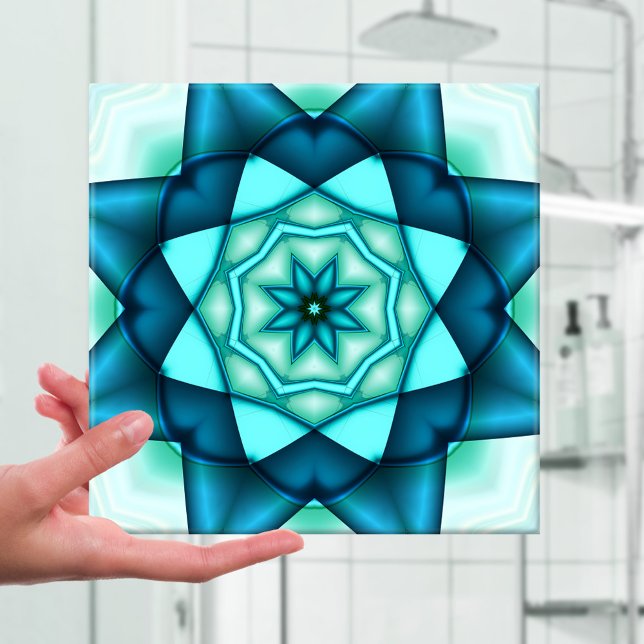 Carreau Vibrant bleu turquoise Floral Star Carrelage céram (Ceramic tile with a gorgeous geometric abstract fractal design in vibrant turquoise teal)