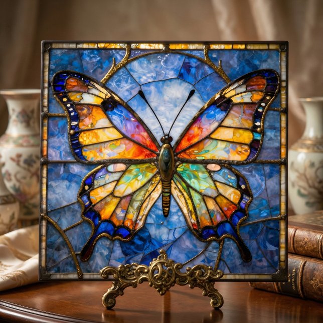 Carreau Vibrant Faux Stained Glass Butterfly Mosaic Art (Créateur téléchargé)
