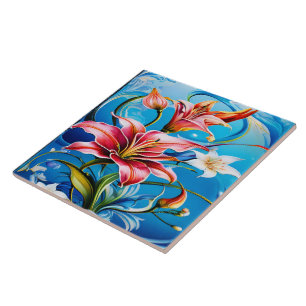 Carreau Vibrant Lily fleurit sur fond bleu