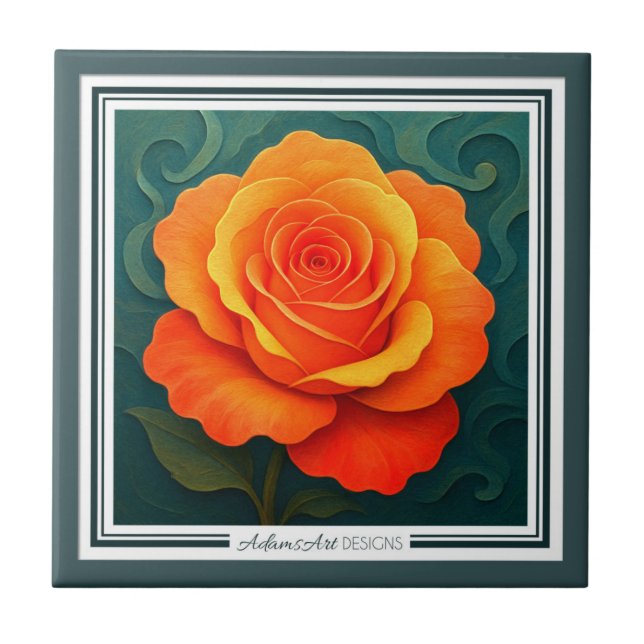 Carreau Vibrant Orange Rose Paper-Cut FloralCeramic Tile (Devant)