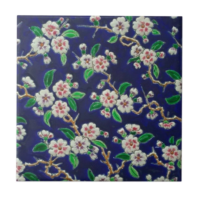 Carreau Vibrant Royal Blue Cherry Blossoms Antique Repro (Devant)
