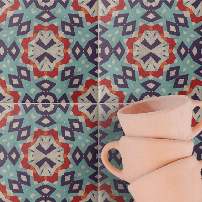 Carreau Vibrant Turquoise rouge beige Motif géométrique (Créateur téléchargé)