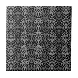 Carreau Victorian Black Grey Vintage Damask Lace Motif