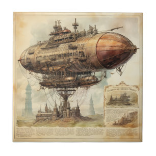Carreau Victorian Sci-Fi dirigeable au-dessus d'une ville