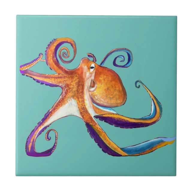 Carreau vie marine d'octopus aquarelle (Devant)