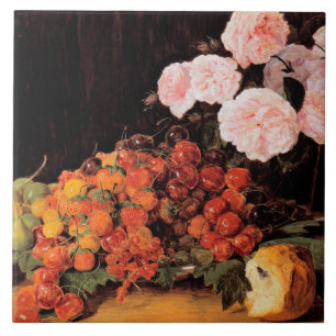 Carreau Vie morte avec Roses, fraises et pain