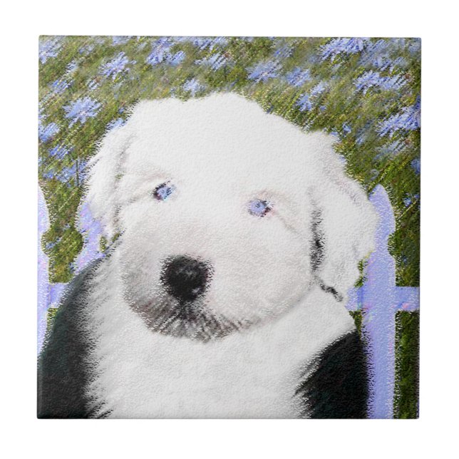 Carreau Vieux anglais Sheepdog Puppy Peinture - Chien Art (Devant)