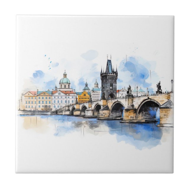 Carreau Vieux Prague, aquarelle du pont Charles (Devant)