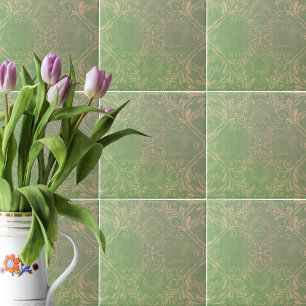 Carreau Vieux Vintage Décoré Vert Clair Et Beige