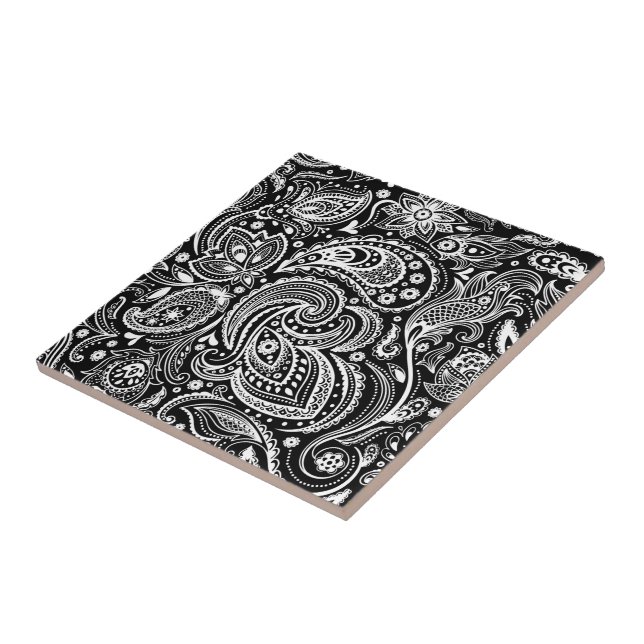 Carreau Vignette noir et blanc Motif dentelle Paisley (Côté)
