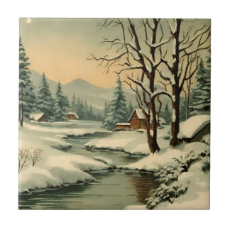 Carreau Village de montagne d'hiver près du ruisseau