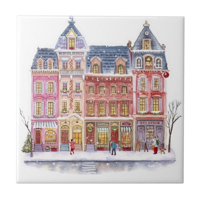 Carreau Village de Noël hivernal à l'aquarelle (Devant)