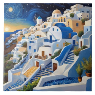 Carreau Village grec à flanc de colline avec moulin - Grèc