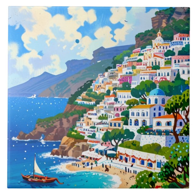 Carreau Village Positano, Italie, Côte Italienne Aquarelle (Devant)