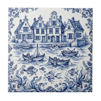 Carreau Ville de Delft & Port de Pêche Bleu Cobalt Blanc