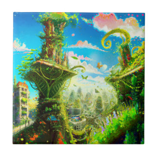 Carreau Ville Plante colorée futuriste, Art généré par l'I