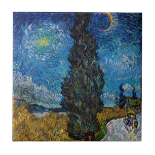 Carreau Vincent van Gogh - Route avec cyprès et étoile