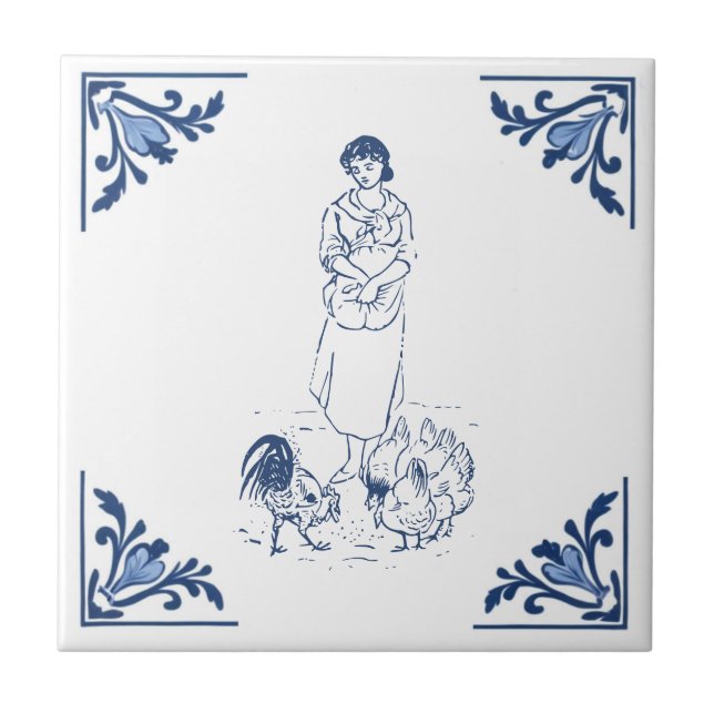 Carreau Vintage Alimentation Agricole Poulets Delft Bleu B (Devant)
