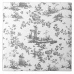 Carreau Vintage Anglais Floral Toile de Jouy-Grey<br><div class="desc">Belle toile de jouy sans soudure motif adaptée d'un modèle anglais gravé par John Munns vers 1770 avec ruines classiques,  port maritime,  berger et guirlandes florales. Gris sur arrière - plan blanc.</div>