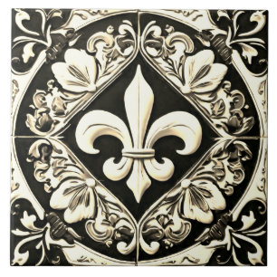 Carreau Vintage antique Fleur de Lis noir et blanc