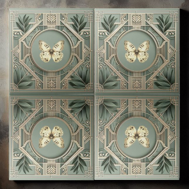 Carreau Vintage Art Deco Sage Green Botanical Butterfly  (Vintage Art Deco Sage Green Ceramic Tile)